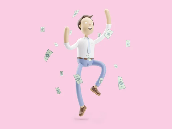 3D çizim. İşadamı Jimmy para yağmur altında mutludur — Stok fotoğraf