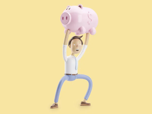 Ilustração 3d. Empresário Jimmy coloca dinheiro em um banco porquinho . — Fotografia de Stock