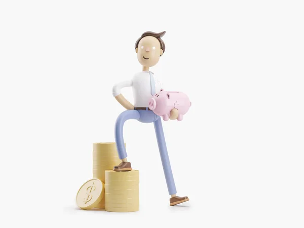 3d illustration. Businessman Jimmy  puts money in a piggy bank. — Stock Photo, Image