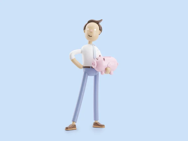 3D illustratie. Zakenman Jimmy zet geld in een spaarvarken. — Stockfoto