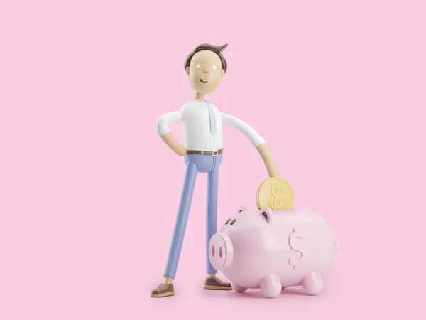 3d illustration. Businessman Jimmy  puts money in a piggy bank. — Stock Photo, Image