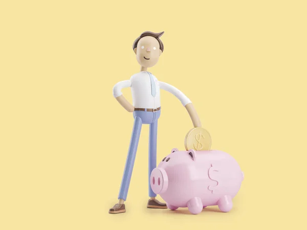 3D-Illustration. Geschäftsmann Jimmy legt Geld in Sparschwein. — Stockfoto