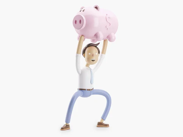 3D-Illustration. Geschäftsmann Jimmy legt Geld in Sparschwein. — Stockfoto