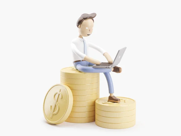 3D illustration. Affärsman Jimmy tjänar pengar på Internet. — Stockfoto