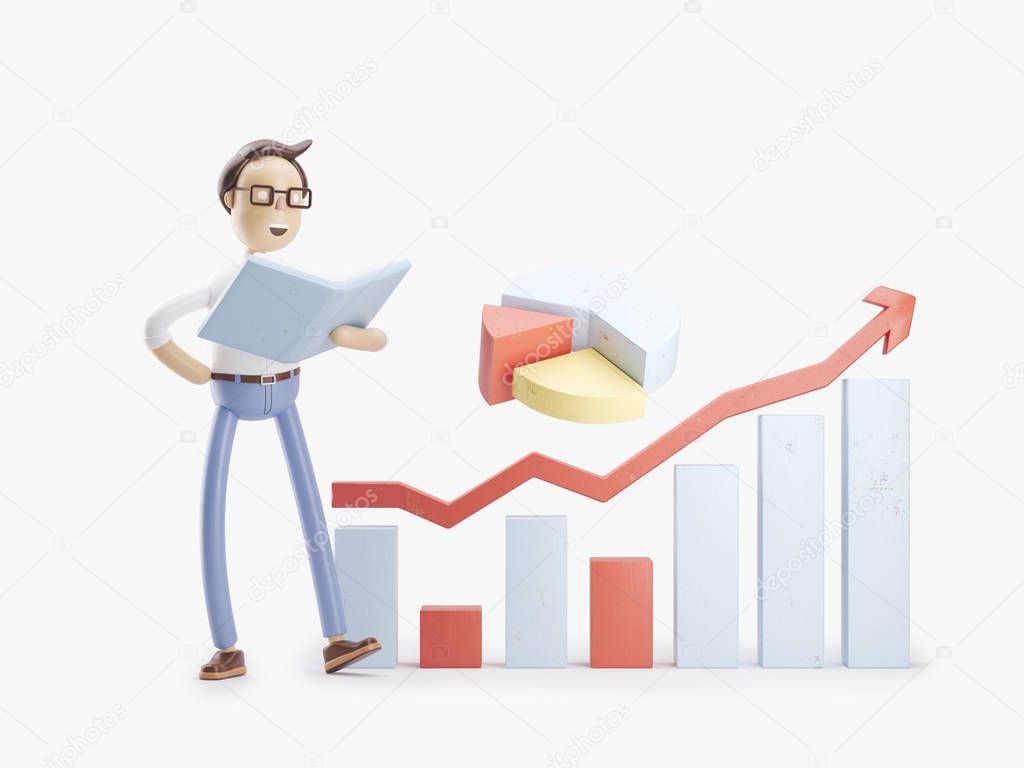 3d illustration. Businessman Jimmy is engaged in analytics.