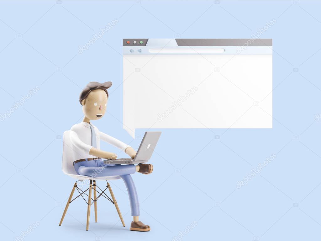 3d illustration. Businessman is sitting in the Internet browser