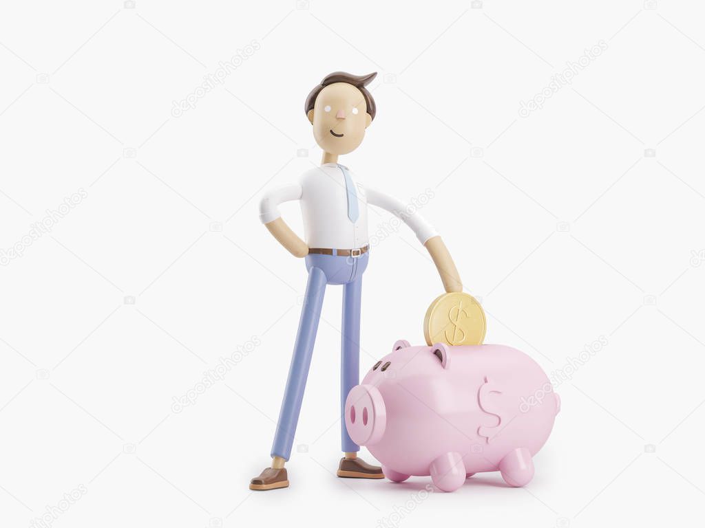 3d illustration. Businessman Jimmy  puts money in a piggy bank.