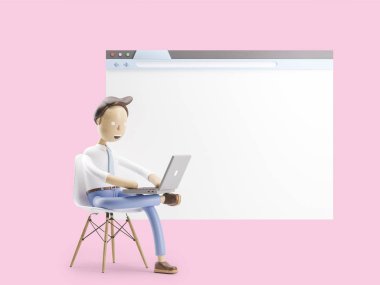 3D çizim. İşadamı Internet tarayıcısında oturuyor