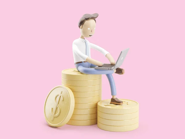 3D-Illustration. Geschäftsmann jimmy verdient Geld im Internet. — Stockfoto