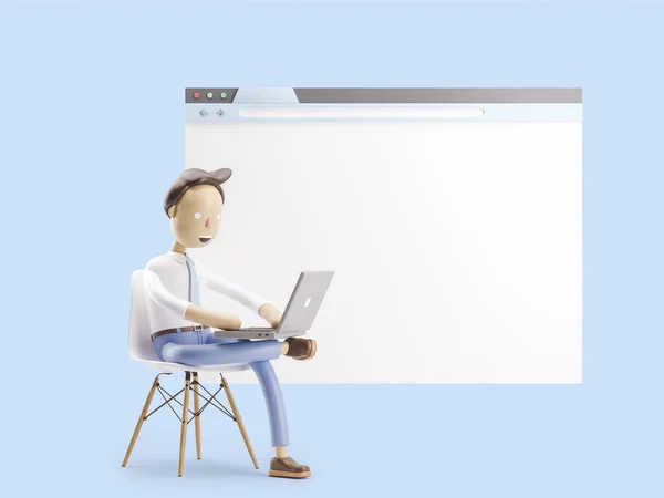 3D-Illustration. Geschäftsmann sitzt im Internet-Browser — Stockfoto
