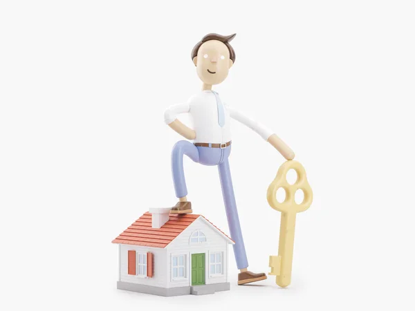 Ilustração 3d. Empresário Jimmy com casa e chave — Fotografia de Stock