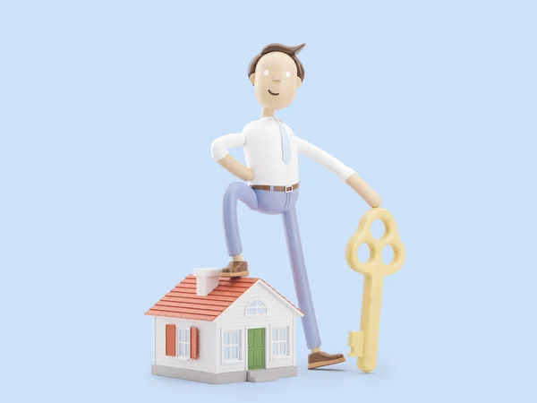 Ilustração 3d. Empresário Jimmy com casa e chave — Fotografia de Stock