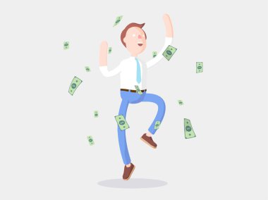 Vektör çizim. İşadamı Jimmy para yağmur altında mutludur