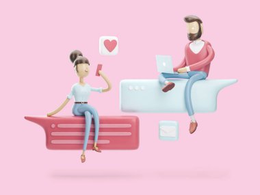 3D çizim. Erkek ve kız aşk sohbet vardır. Sosyal medya kavramı