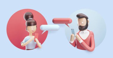 3D çizim. Bir adam ve bir kız arasındaki çevrimiçi sohbet