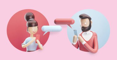 3D çizim. Bir adam ve bir kız arasındaki çevrimiçi sohbet