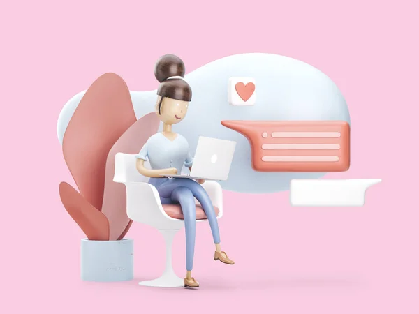 Illustration 3D. la fille est sur internet. concept de médias sociaux — Photo