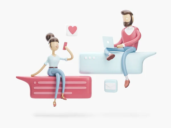 Ilustración 3d. chico y chica están en el chat de amor. concepto de redes sociales —  Fotos de Stock
