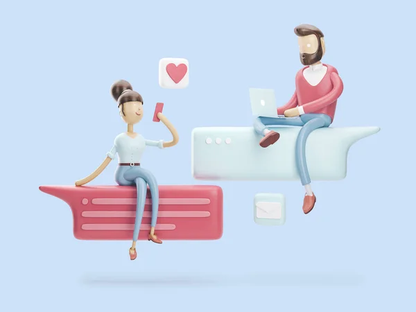 3D çizim. Erkek ve kız aşk sohbet vardır. Sosyal medya kavramı — Stok fotoğraf