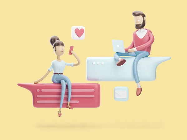 Ilustracja 3D. chłopak i dziewczyna są na czacie miłości. Koncepcja społecznej media — Zdjęcie stockowe