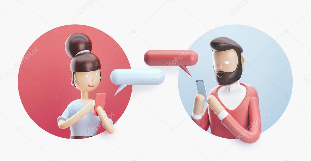 3d illustration. Online chat between a guy and a girl