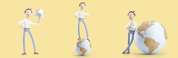 Het aantal 3D-illustraties. Zakenman Jimmy met globe — Stockfoto