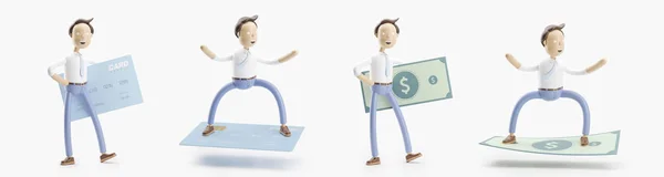 Conjunto de ilustración 3d. Empresario Jimmy con tarjeta de crédito y concepto de transferencia de dinero —  Fotos de Stock