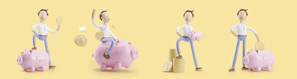 Seriefiguren med mynt och pengar box gris. uppsättning av 3d illustrationer — Stockfoto