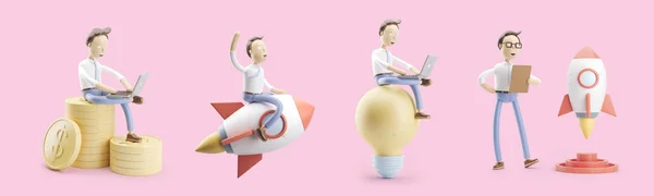 Personaggio dei cartoni animati vola su un razzo nello spazio. serie di illustrazioni 3d. concetto di creatività e startup . — Foto Stock