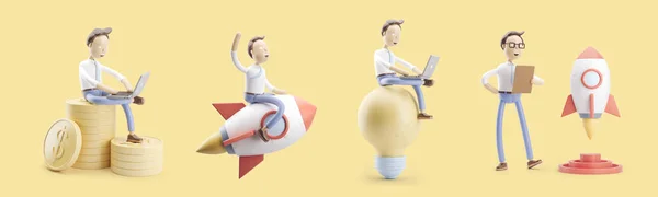 Personagem de desenhos animados voa em um foguete para o espaço. conjunto de ilustrações 3d. conceito de criatividade ind startup . — Fotografia de Stock