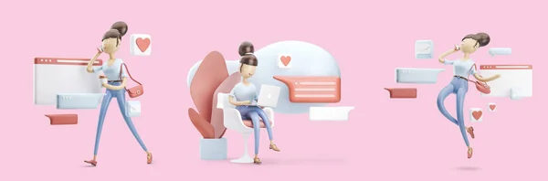 Zeichentrickfigur, die auf einer Sprechblase sitzt. Social Media Konzept. Reihe von 3D-Illustrationen — Stockfoto