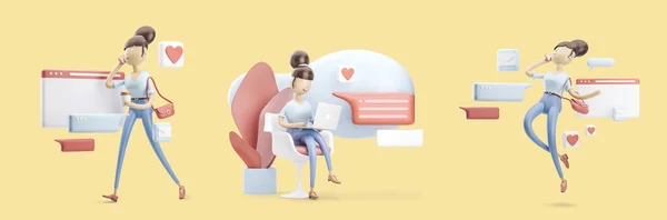 Zeichentrickfigur, die auf einer Sprechblase sitzt. Social Media Konzept. Reihe von 3D-Illustrationen — Stockfoto