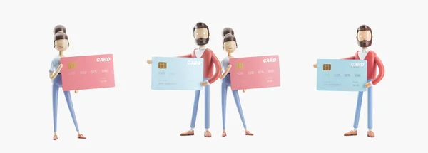 एक बड़े क्रेडिट कार्ड के साथ कार्टून लड़की और लड़का। 3 डी चित्रों का सेट . — स्टॉक फ़ोटो, इमेज