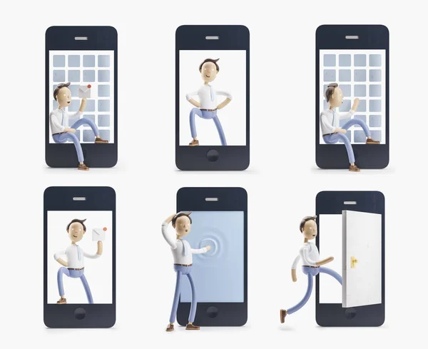 Cartoon character with big phone. social media concept. set of 3d illustrations — Stock Photo, Image