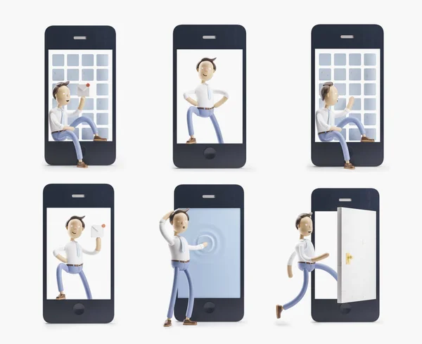 cartoon character with big phone. social media concept. set of 3d illustrations