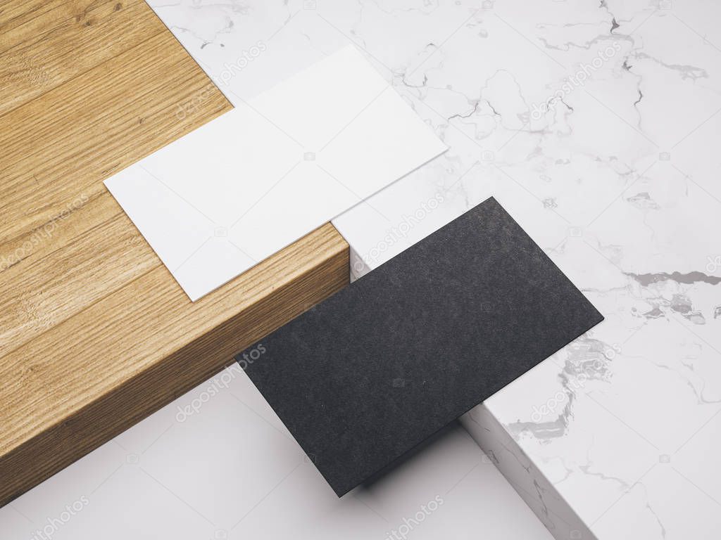 .Creative mockup set. Minimalistic mockup with business cards on wood and warble texture.