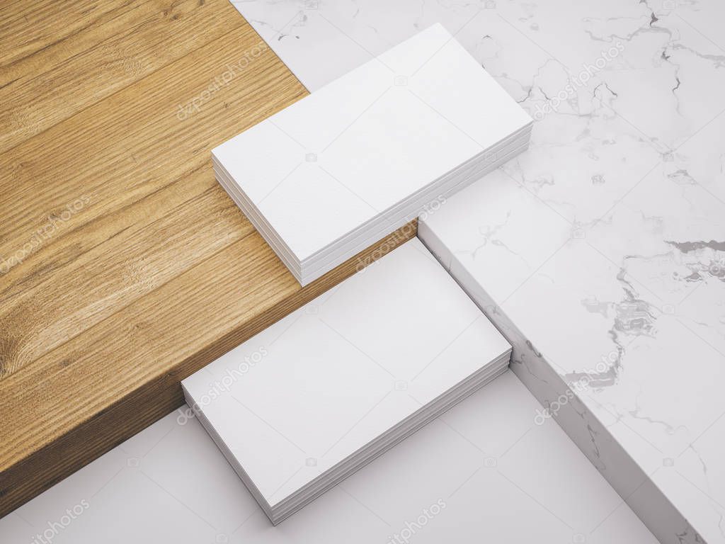 .Creative mockup set. Minimalistic mockup with business cards on wood and warble texture.