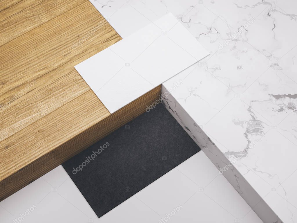 .Creative mockup set. Minimalistic mockup with business cards on wood and warble texture.