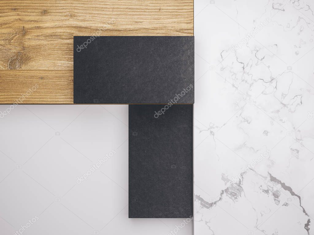 .Creative mockup set. Minimalistic mockup with business cards on wood and warble texture.