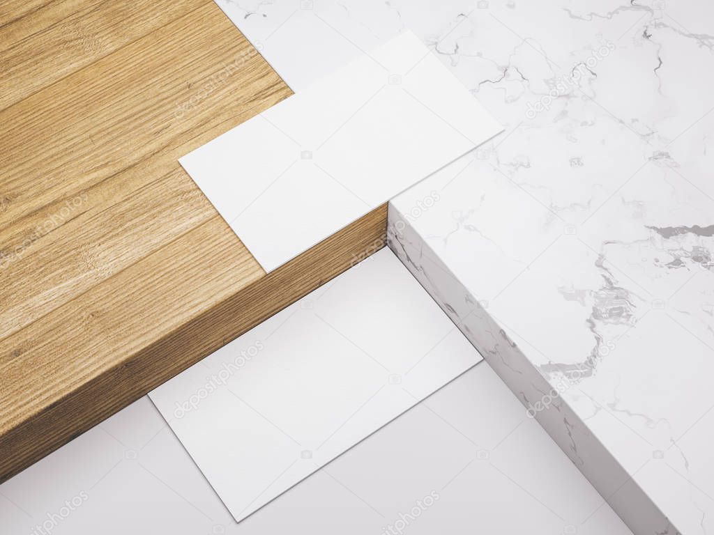 .Creative mockup set. Minimalistic mockup with business cards on wood and warble texture.