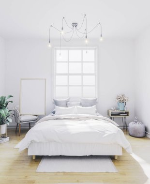 Poster mockup yatak odasında. İç boş çerçeve.