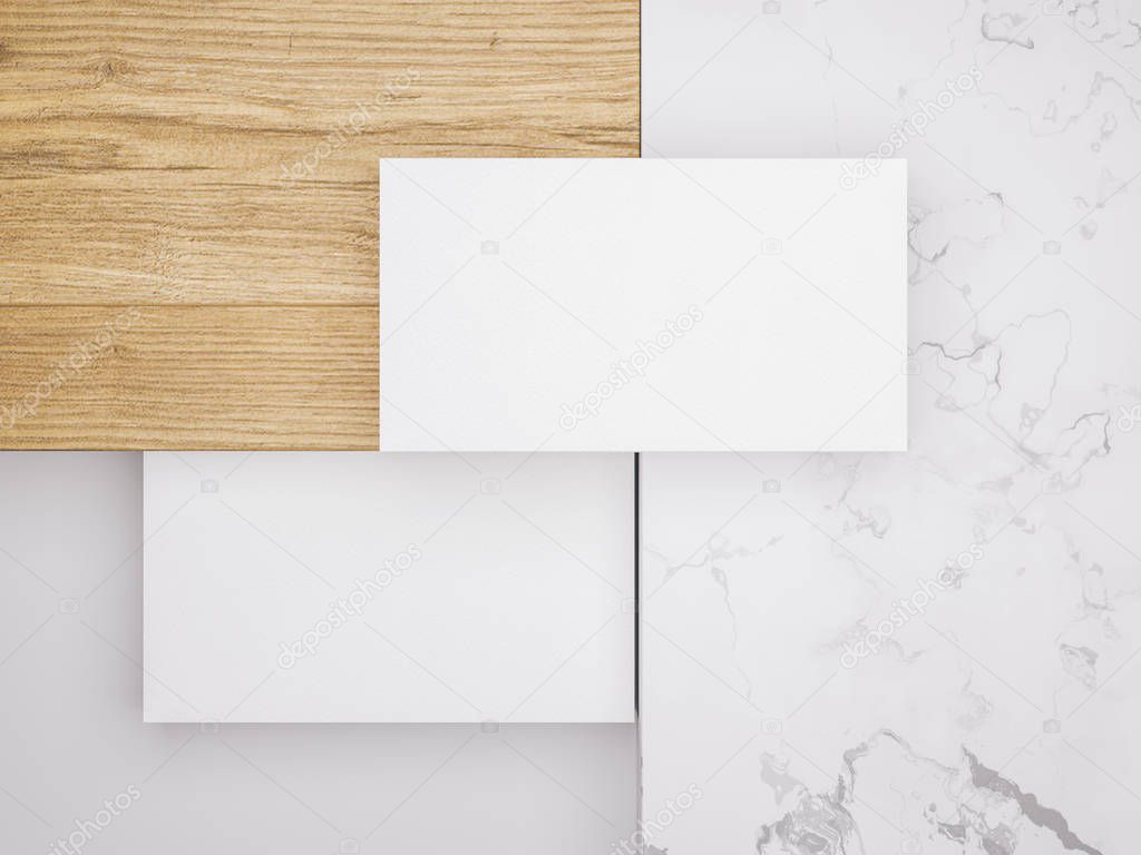 .Creative mockup set. Minimalistic mockup with business cards on wood and warble texture.