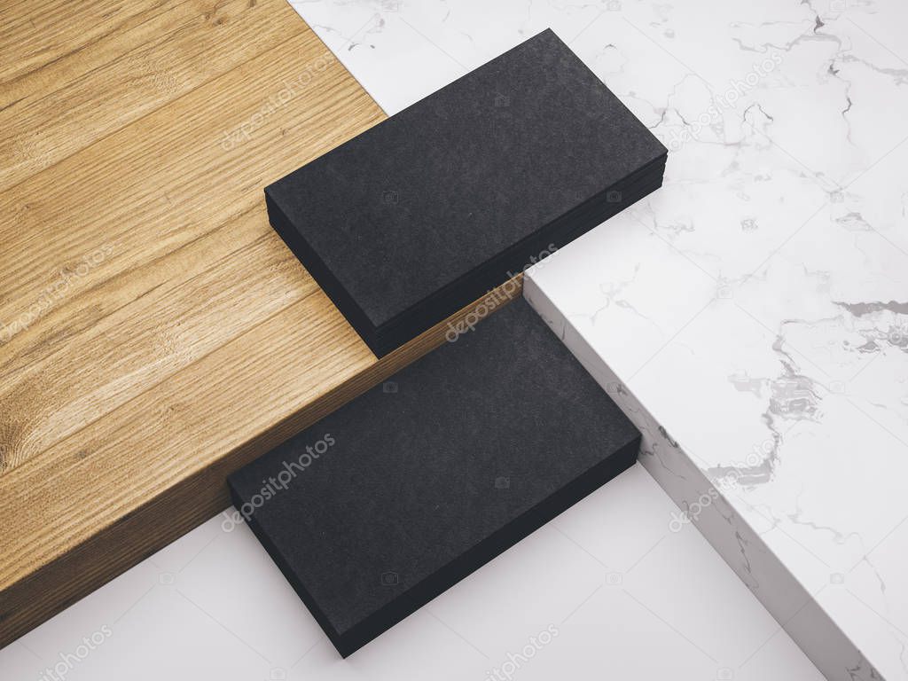 .Creative mockup set. Minimalistic mockup with business cards on wood and warble texture.