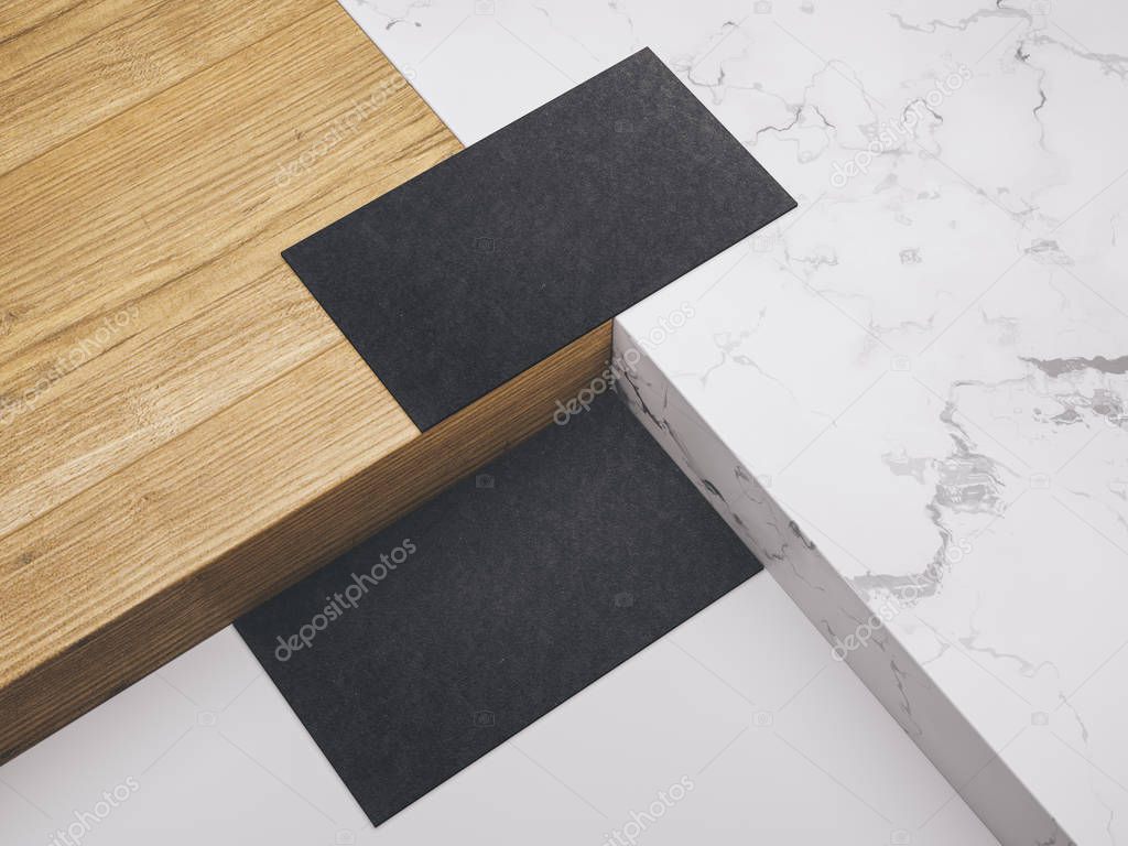 .Creative mockup set. Minimalistic mockup with business cards on wood and warble texture.