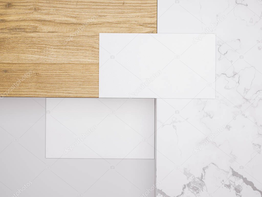 .Creative mockup set. Minimalistic mockup with business cards on wood and warble texture.