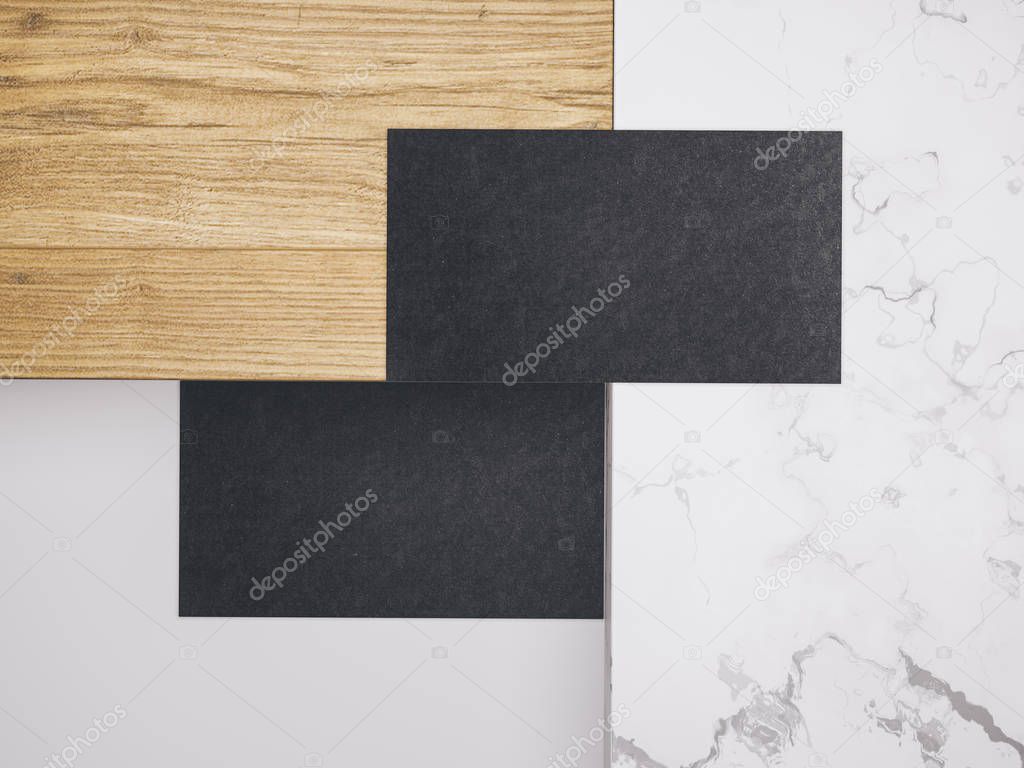 .Creative mockup set. Minimalistic mockup with business cards on wood and warble texture.