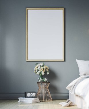 Rahat yatak boş poster çerçevesi ile. İç çerçeve mockup.