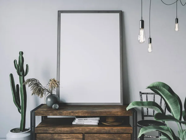 Lege verlichte wissellijst in gezellige interieur. Frame mockup. — Stockfoto