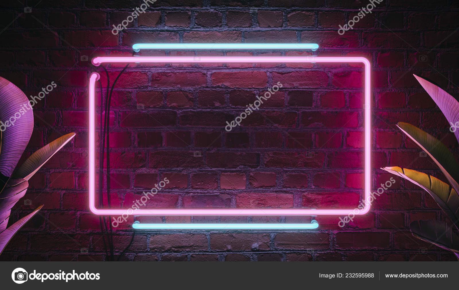 Neon light sign board background. 3d modern illustration. Neon elements and  plants. Stock Photo by ©bestpixels 232595988