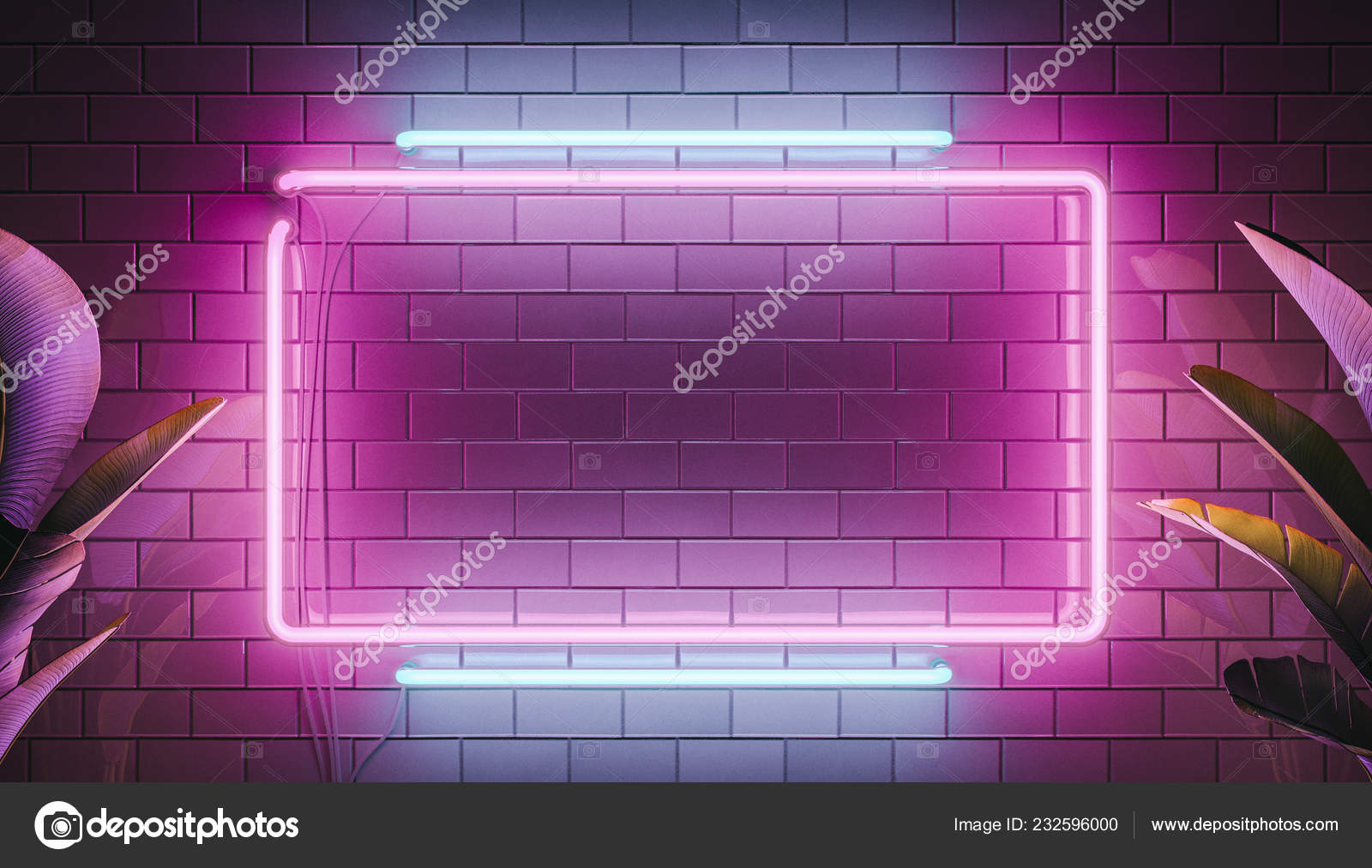 Neon light sign board background. 3d modern illustration. Neon elements and  plants. Stock Photo by ©bestpixels 232596000